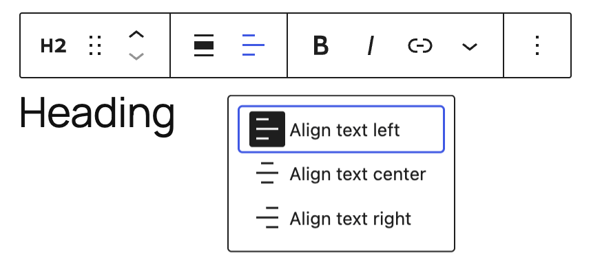 Heading block toolbar text alignment options