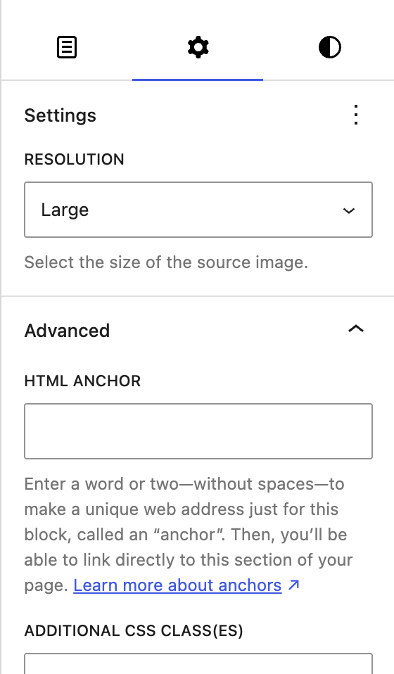 Settings for the image block including resolution and advanced settings.