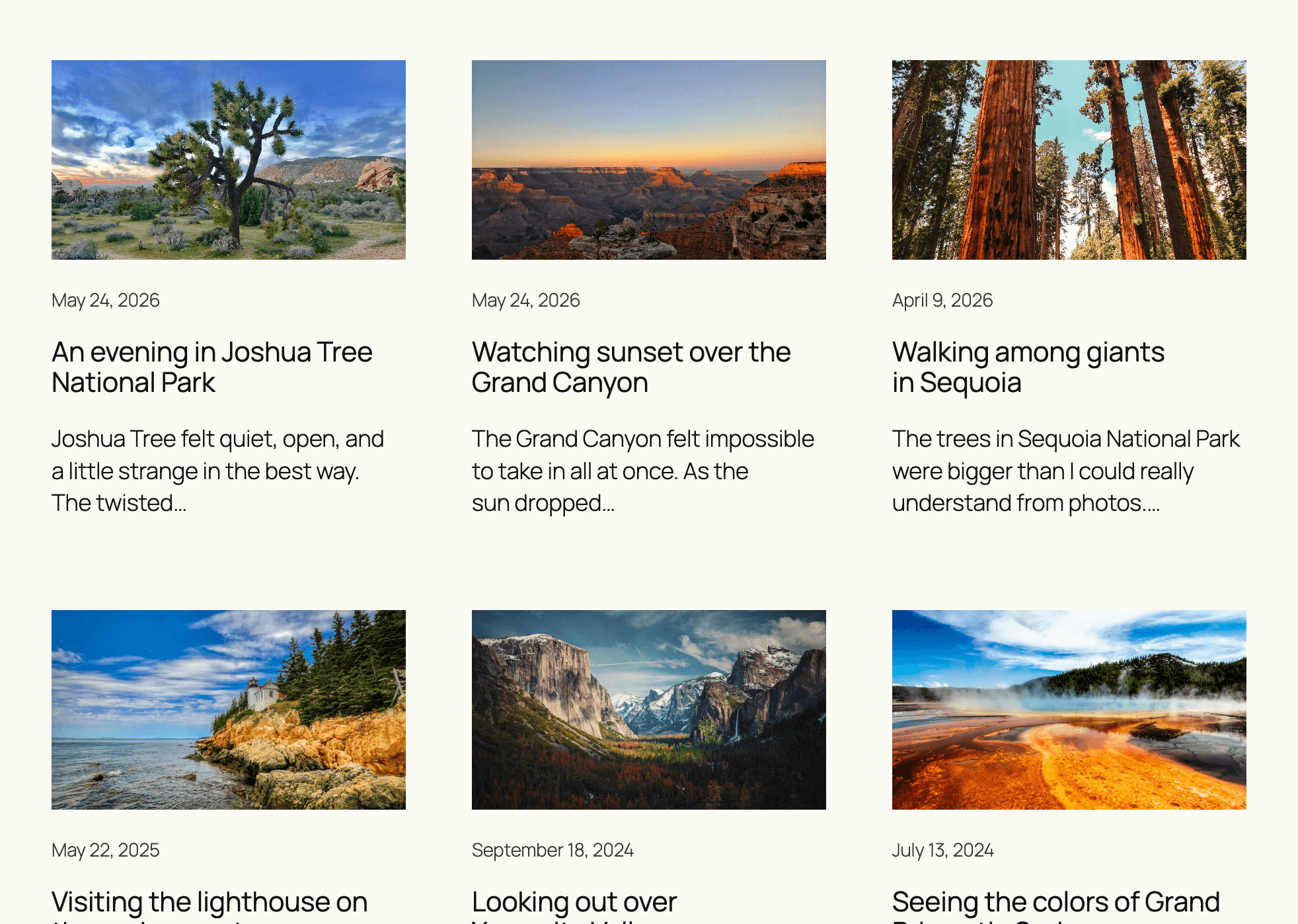 Query Loop block inserted into a page, displaying a grid of recent blog posts with featured images.