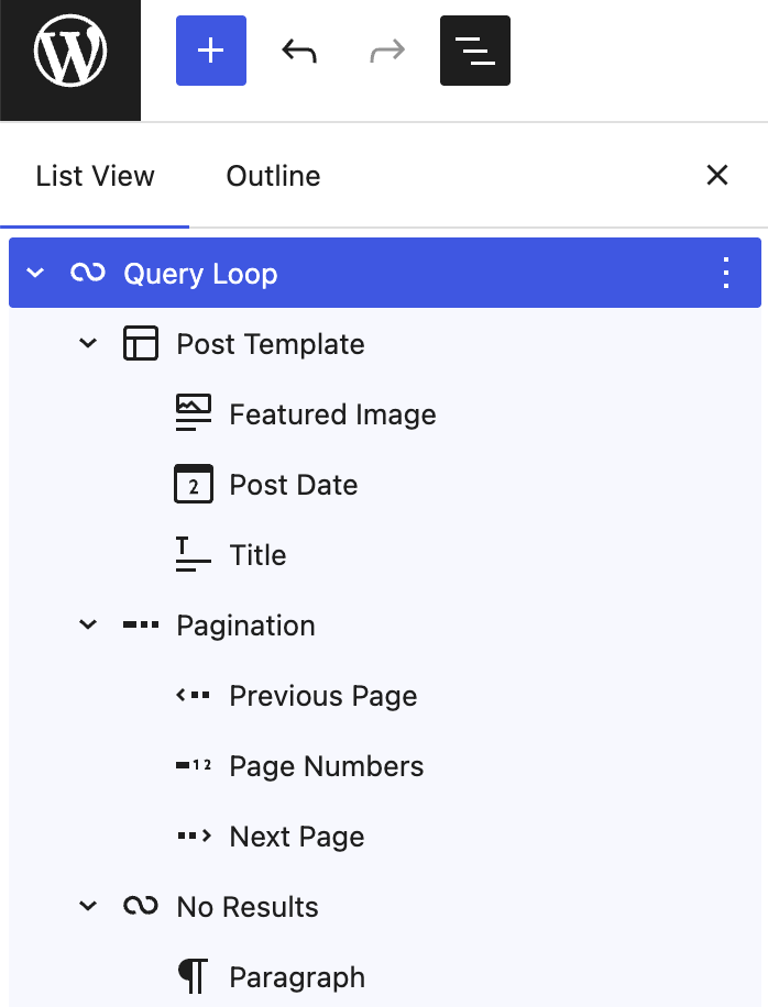 List View of query loop showing nested post blocks
