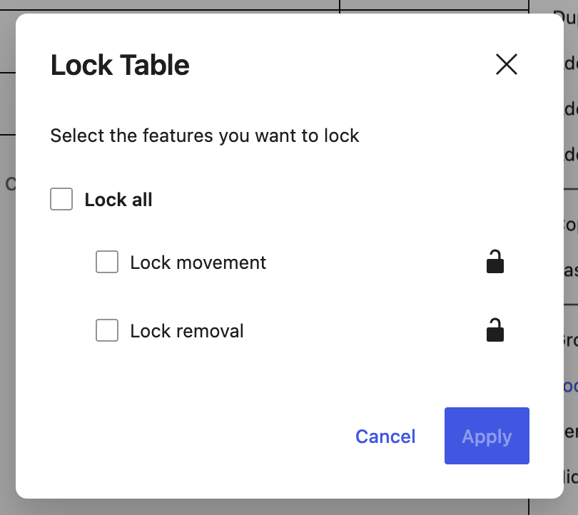 All features (movement and removal) unlocked in the Table block.