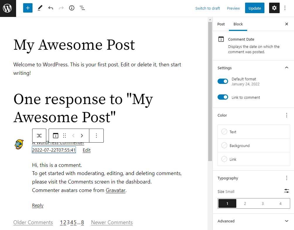 Comment Date inside the Comment Template block within the Comment 