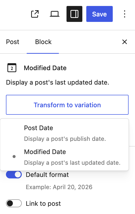 Transform to variation button in block settings
