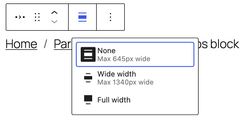 Breadcrumbs block toolbar align options active