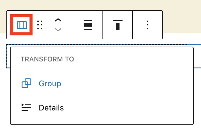 WordPress editor showing a selected Group block with a yellow background containing five columns, each with a book cover image.