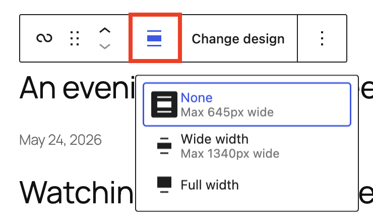 Dropdown of alignment controls in the query loop block toolbar