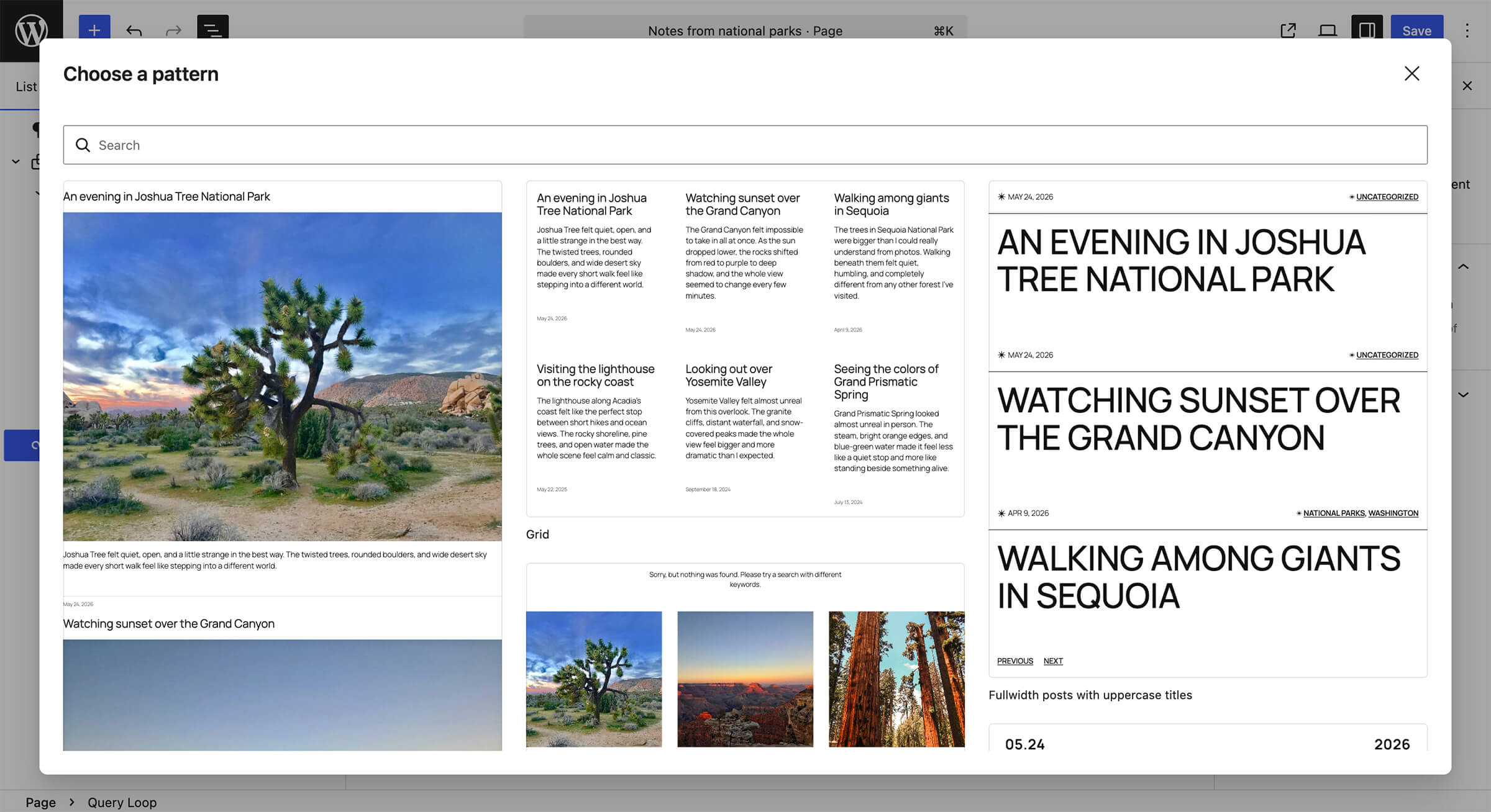 Pattern modal open with different query loop layouts