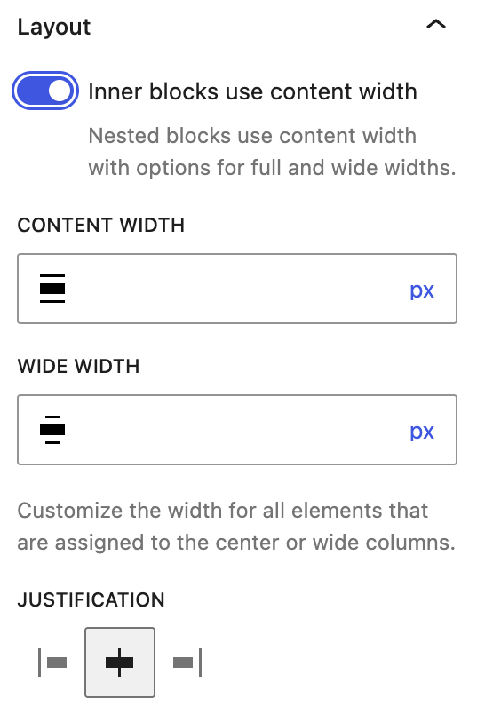 Query Loop layout settings showing content and wide width fields with center justification selected.