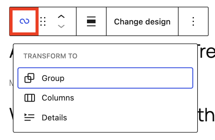 Dropdown of transform options for the query loop in the block toolbar
